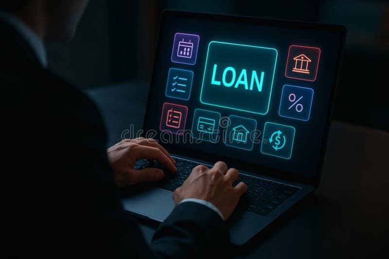 En person använder en laptop för att söka efter lån online, med ordet "LOAN" framträdande på skärmen.